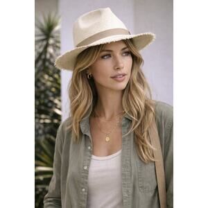 Hat Attack Women Straw Panama Hat Frayed Brim Beige Band Summer Beach Sun Hat